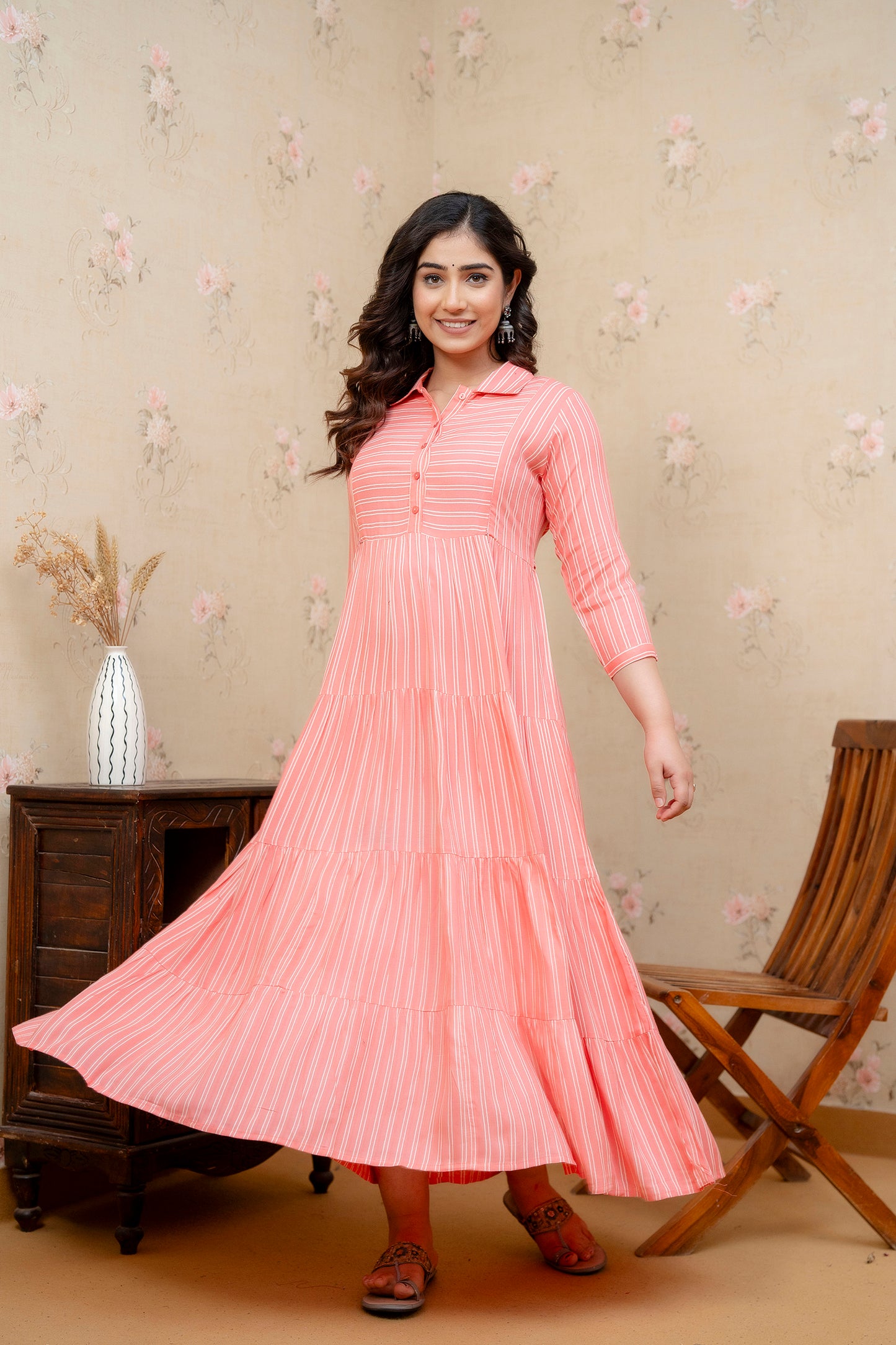 WOMOON Anarkali Classic Pink 4 Tyer pure cotton Printed Maternity Dress