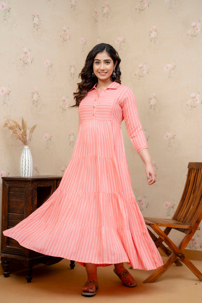 WOMOON Anarkali Classic Pink 4 Tyer pure cotton Printed Maternity Dress