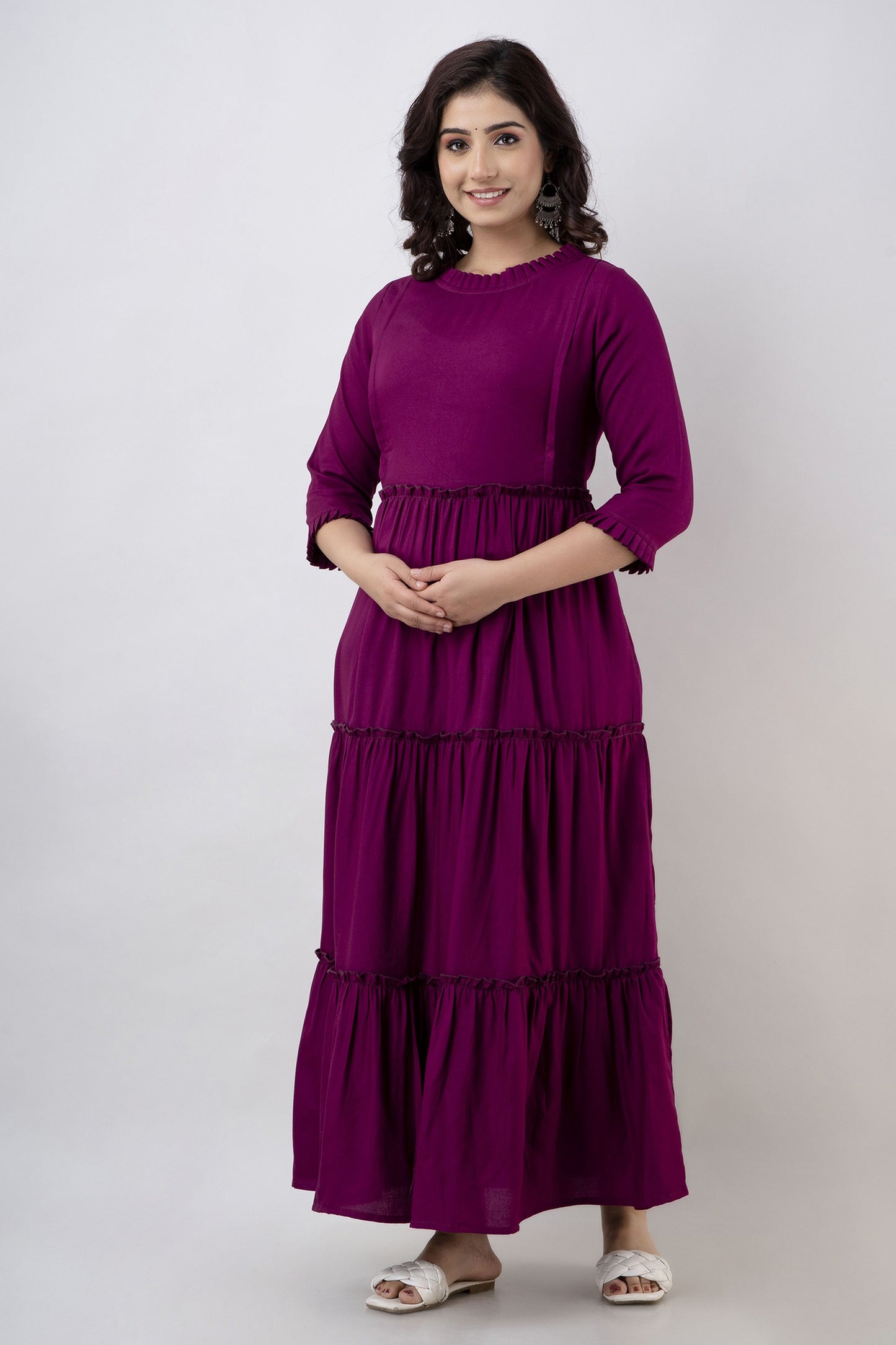 WOMOON Anarkali Gown Style Maternity Solid Flared Maroon Flared Kurta