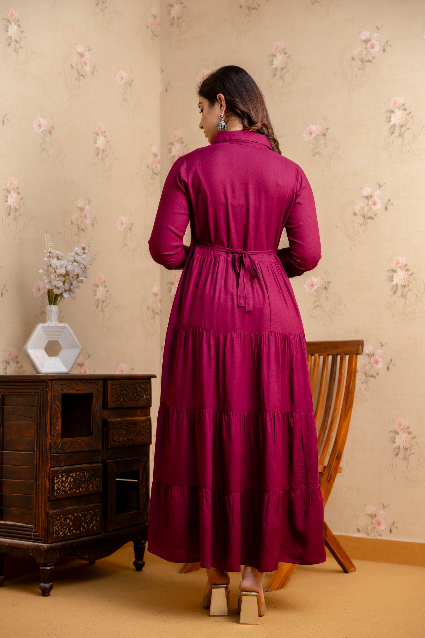 WOMOON Anarkali Reyon Solid Wine Maternity 4 Tyer Dress