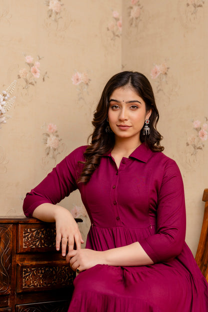 WOMOON Anarkali Reyon Solid Wine Maternity 4 Tyer Dress