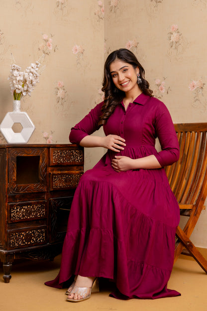 WOMOON Anarkali Reyon Solid Wine Maternity 4 Tyer Dress