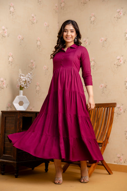 WOMOON Anarkali Reyon Solid Wine Maternity 4 Tyer Dress