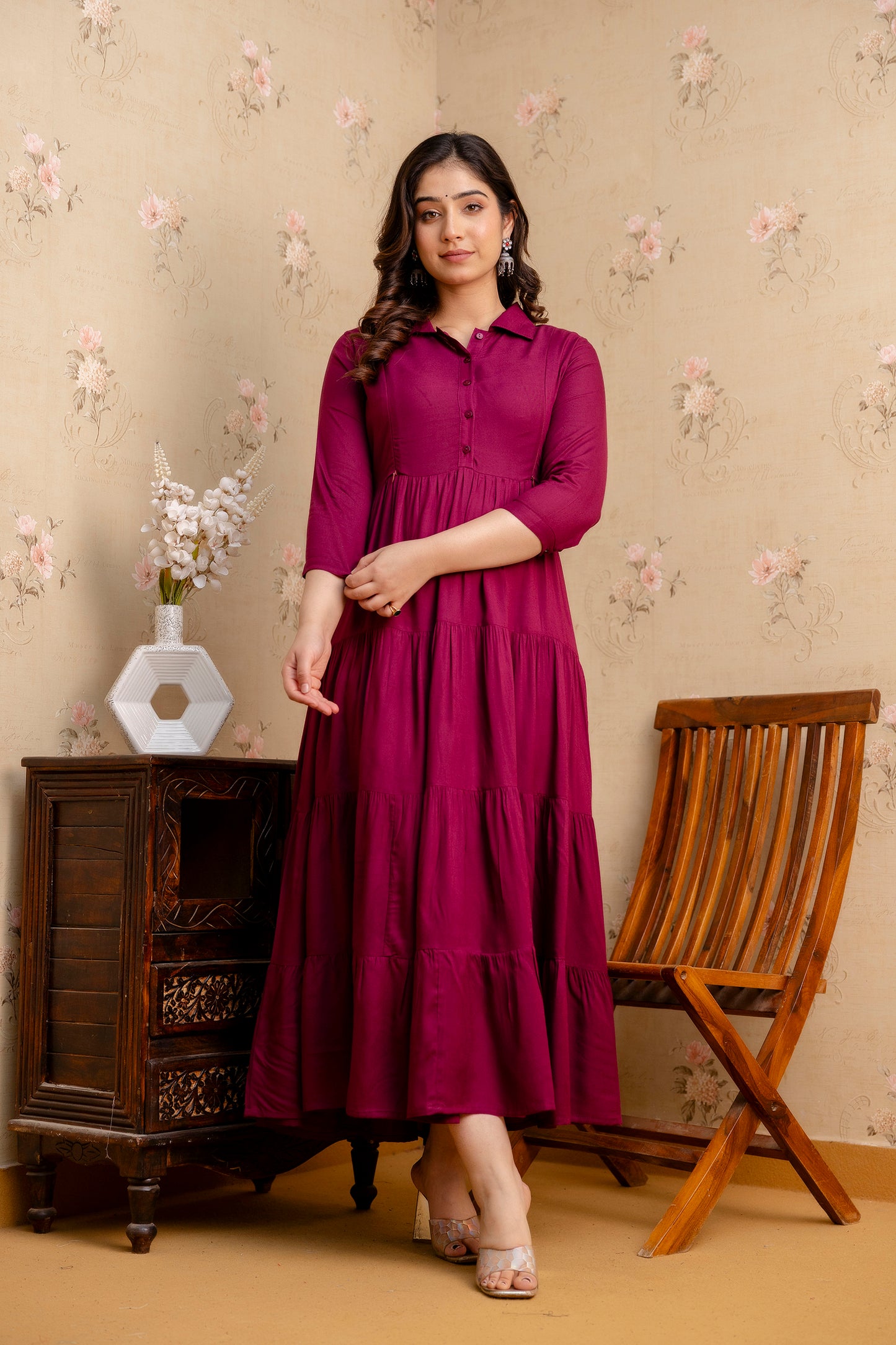 WOMOON Anarkali Reyon Solid Wine Maternity 4 Tyer Dress