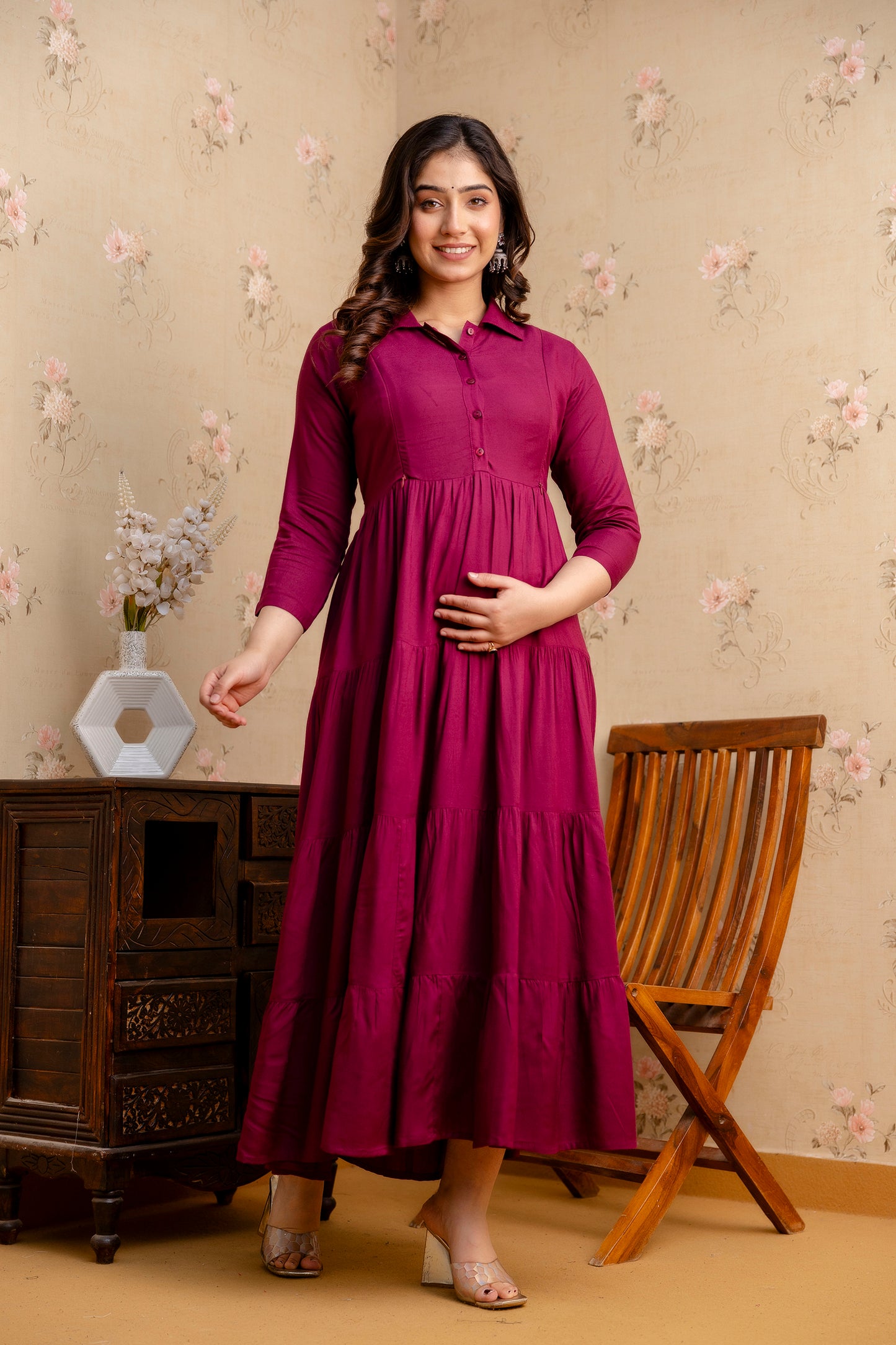 WOMOON Anarkali Reyon Solid Wine Maternity 4 Tyer Dress