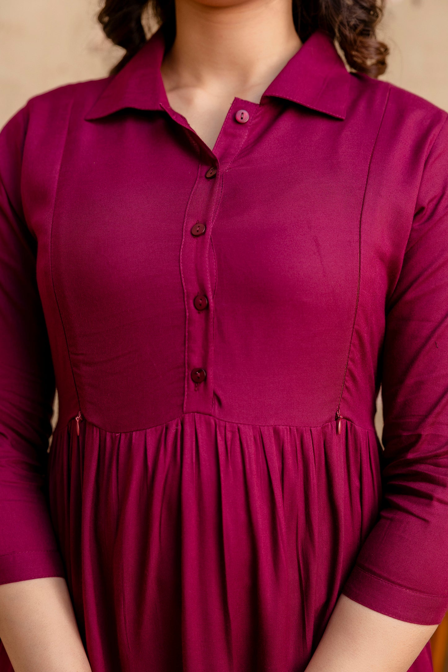 WOMOON Anarkali Reyon Solid Wine Maternity 4 Tyer Dress