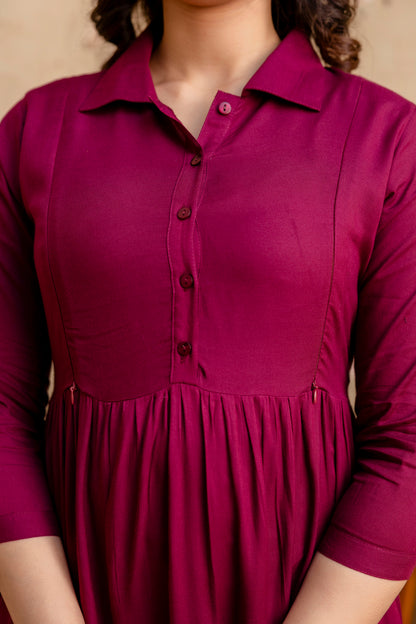 WOMOON Anarkali Reyon Solid Wine Maternity 4 Tyer Dress