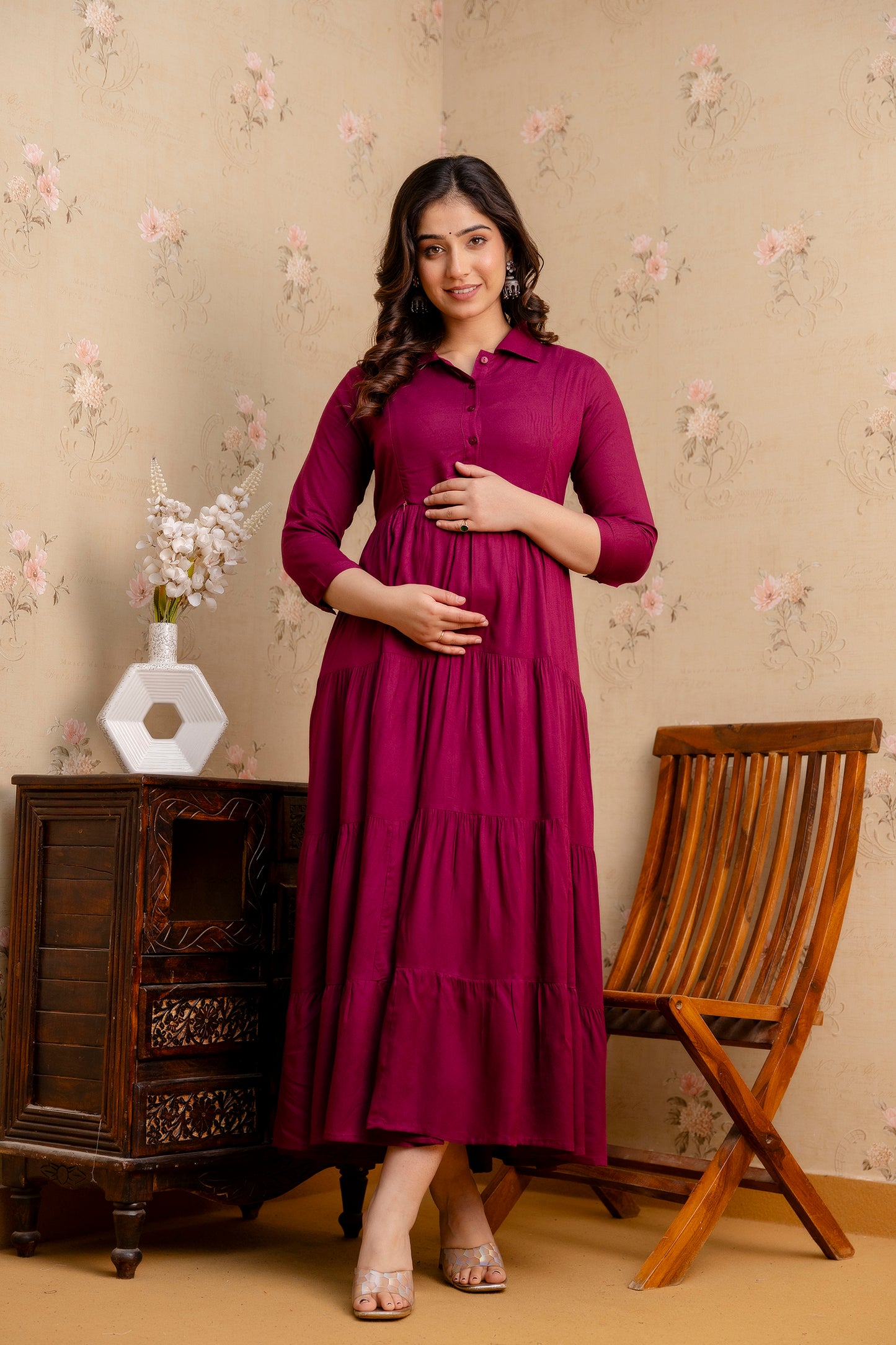WOMOON Anarkali Reyon Solid Wine Maternity 4 Tyer Dress