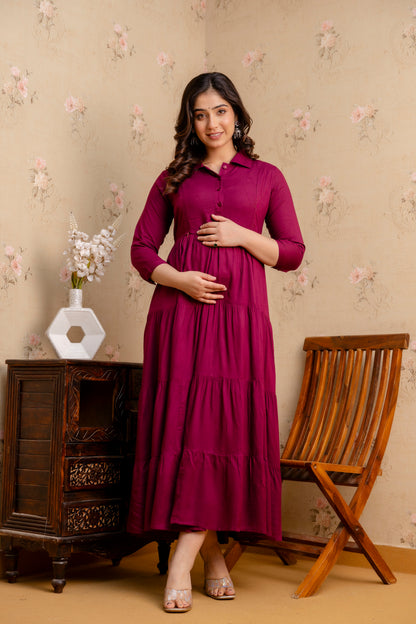 WOMOON Anarkali Reyon Solid Wine Maternity 4 Tyer Dress