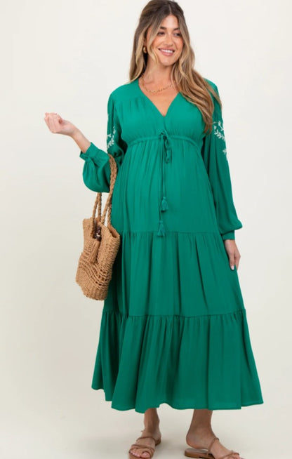 Womoon Embroidered Long Sleeve Maternity Maxi Dress