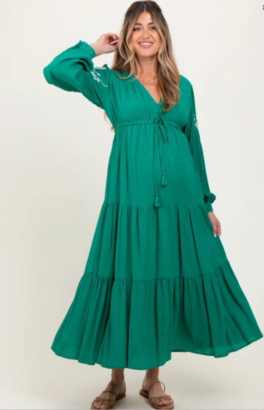 Womoon Embroidered Long Sleeve Maternity Maxi Dress