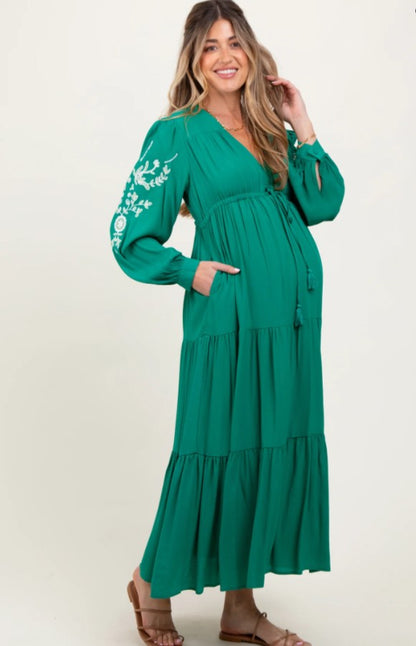 Womoon Embroidered Long Sleeve Maternity Maxi Dress