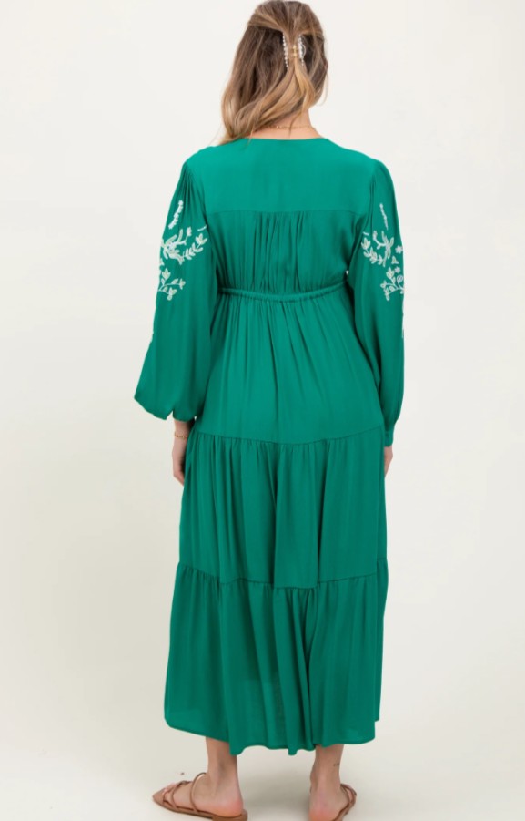 Womoon Embroidered Long Sleeve Maternity Maxi Dress