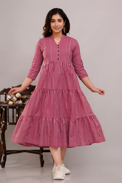 WOMOON Anarkali South Wine Cotton Trendy Flared Maternity Dress