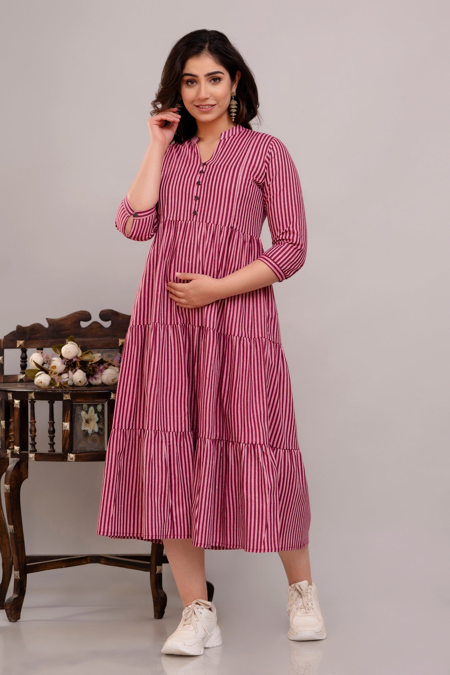 WOMOON Anarkali South Wine Cotton Trendy Flared Maternity Dress