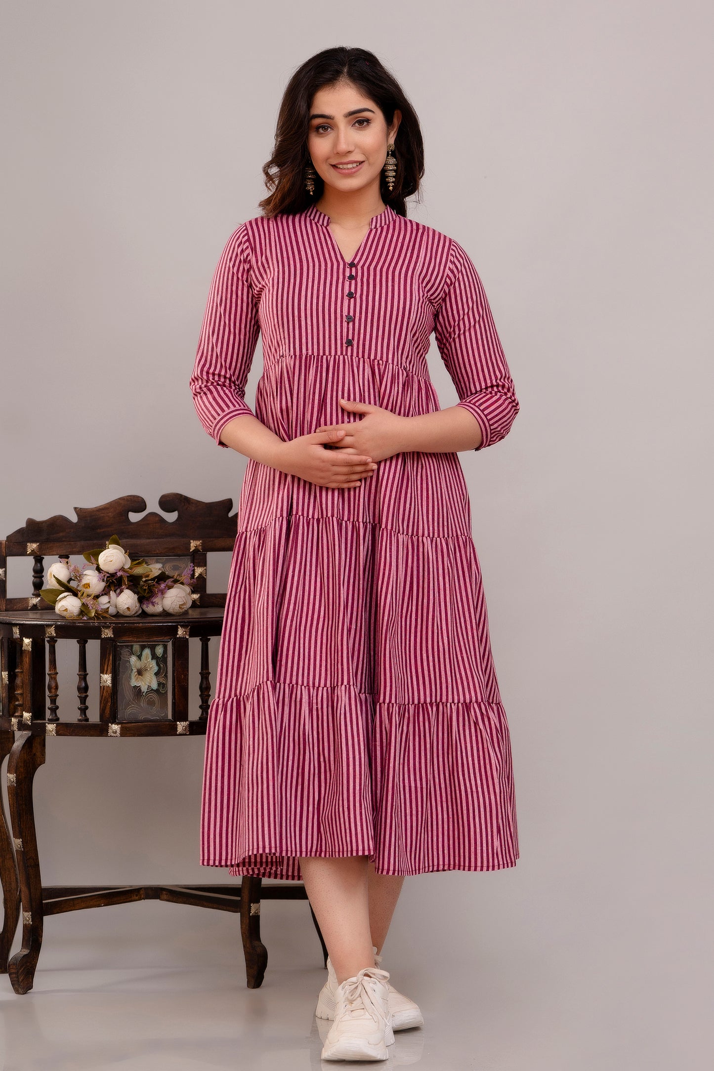 WOMOON Anarkali South Wine Cotton Trendy Flared Maternity Dress