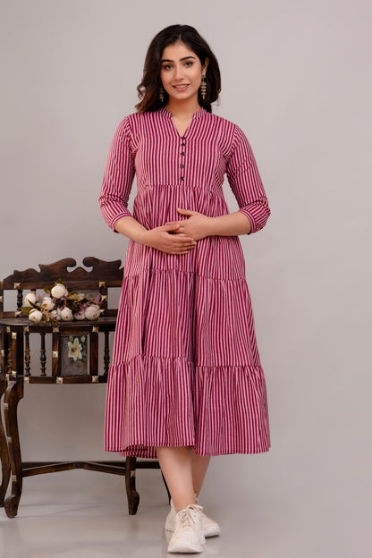 WOMOON Anarkali South Wine Cotton Trendy Flared Maternity Dress