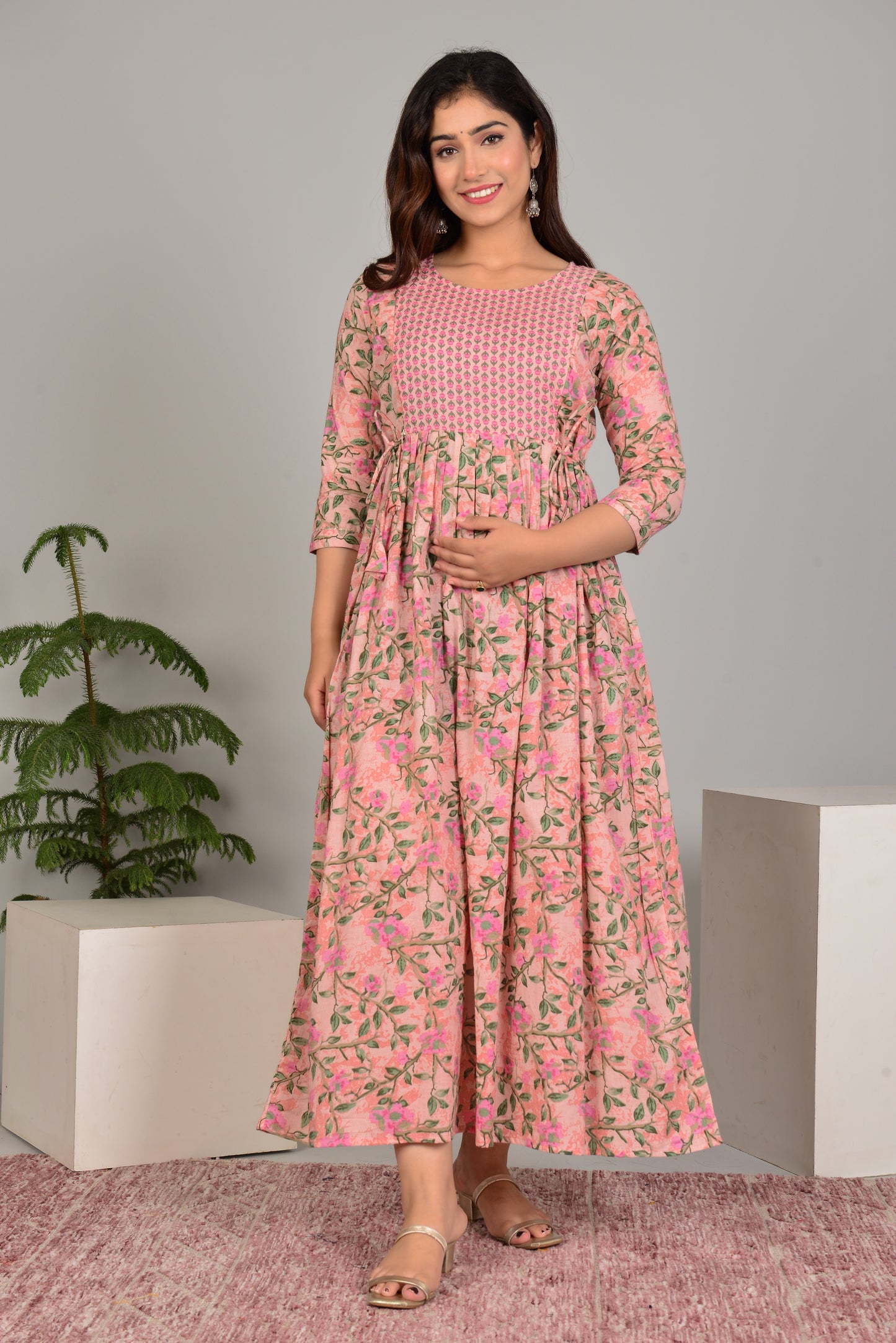 WOMOON Anarkali Peach Pure Cotton Feeding Gown | Maternity Gown For Her