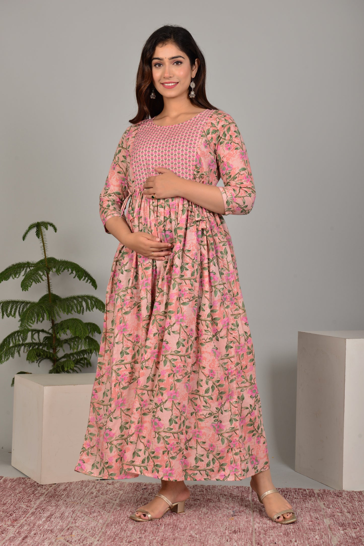 WOMOON Anarkali Peach Pure Cotton Feeding Gown | Maternity Gown For Her
