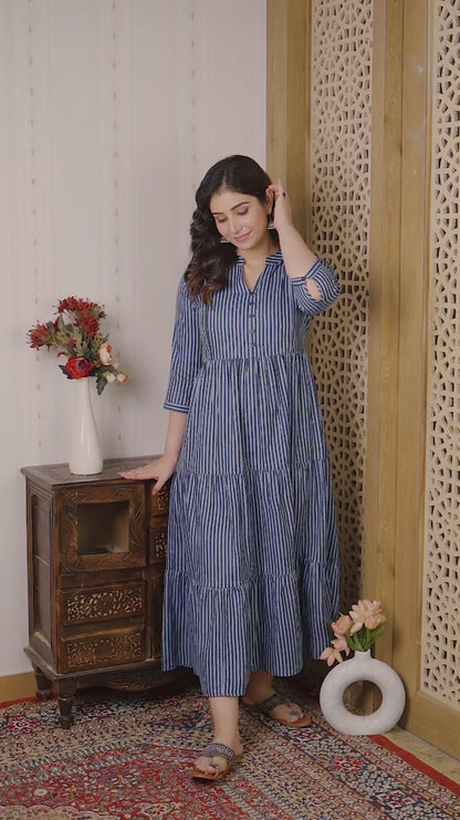 WOMOON Anarkali Blue Lining Printed Flared Maternity Dress collar design for her