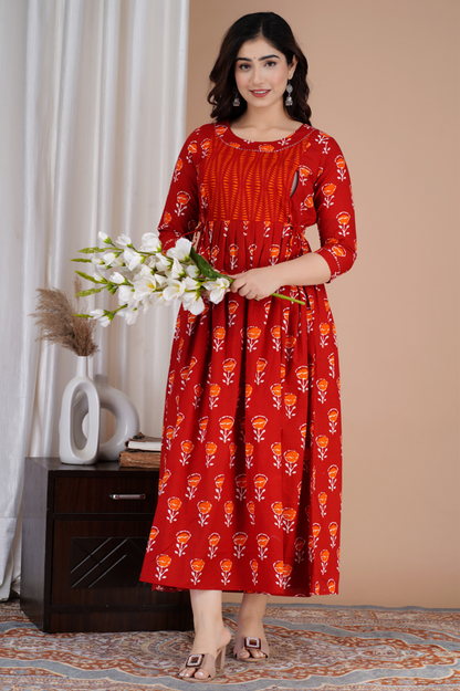 WOMOON Anarkali Red Maternity Gown | Pure Cotton Feeding | Maternity Kurta For Her