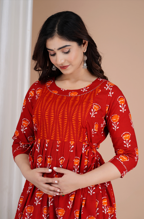 WOMOON Anarkali Red Maternity Gown | Pure Cotton Feeding | Maternity Kurta For Her