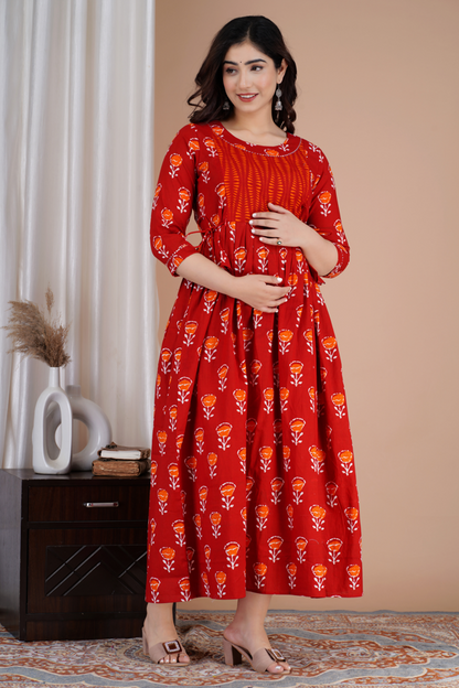 WOMOON Anarkali Red Maternity Gown | Pure Cotton Feeding | Maternity Kurta For Her