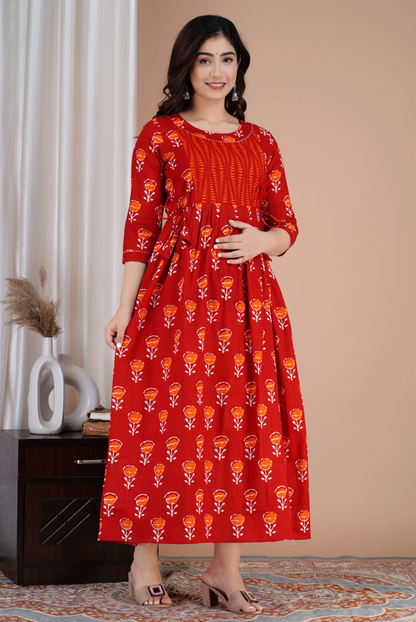 WOMOON Anarkali Red Maternity Gown | Pure Cotton Feeding | Maternity Kurta For Her