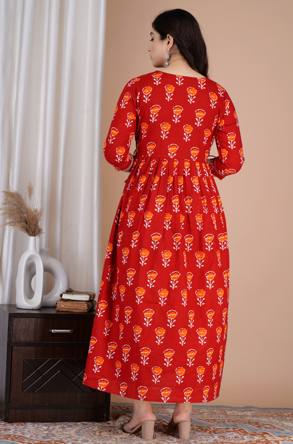 WOMOON Anarkali Red Maternity Gown | Pure Cotton Feeding | Maternity Kurta For Her