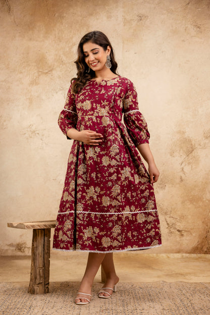 WOMOON flower printed maternity dress Wine