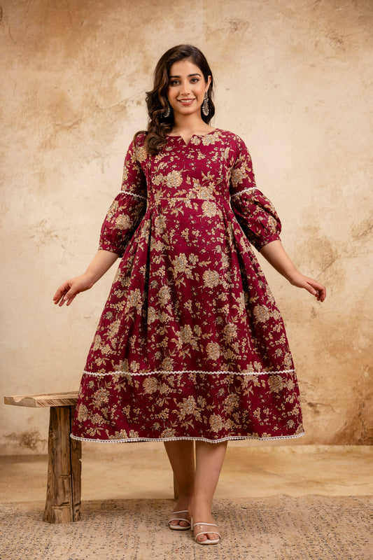 WOMOON flower printed maternity dress Wine