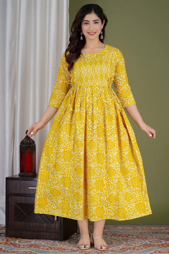 WOMOON Anarkali Yellow Maternity Gown | Pure Cotton Feeding | Maternity Kurta For Her