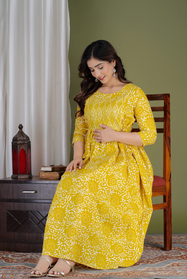 WOMOON Anarkali Yellow Maternity Gown | Pure Cotton Feeding | Maternity Kurta For Her