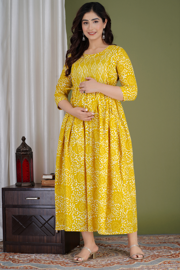 WOMOON Anarkali Yellow Maternity Gown | Pure Cotton Feeding | Maternity Kurta For Her