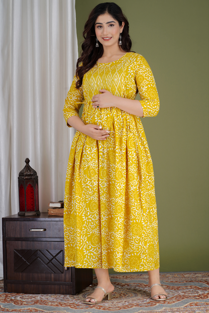 WOMOON Anarkali Yellow Maternity Gown | Pure Cotton Feeding | Maternity Kurta For Her