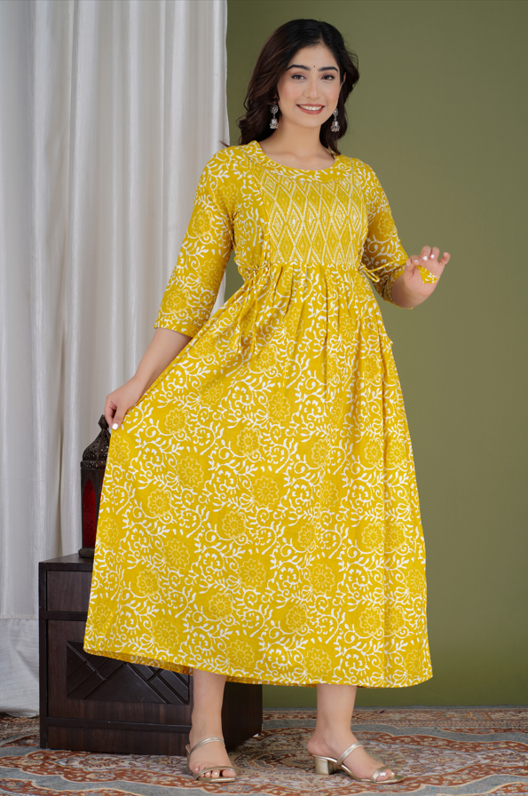 WOMOON Anarkali Yellow Maternity Gown | Pure Cotton Feeding | Maternity Kurta For Her