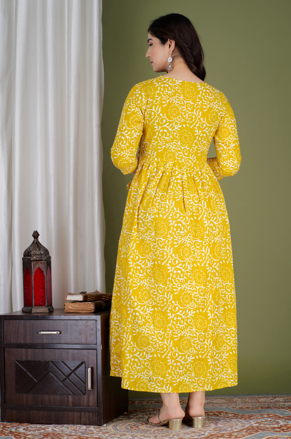 WOMOON Anarkali Yellow Maternity Gown | Pure Cotton Feeding | Maternity Kurta For Her