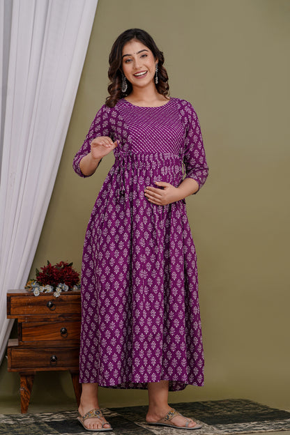 WOMOON Purple printed Maternity and Feeding Gown for her