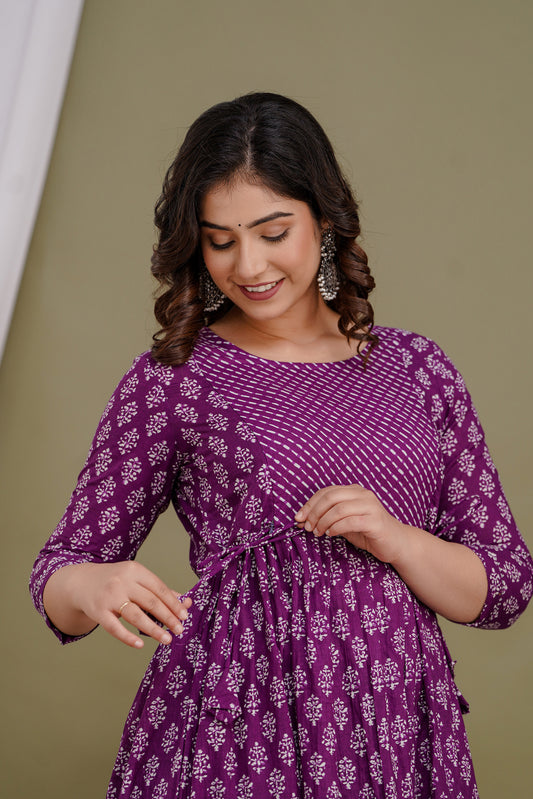 WOMOON Purple printed Maternity and Feeding Gown for her