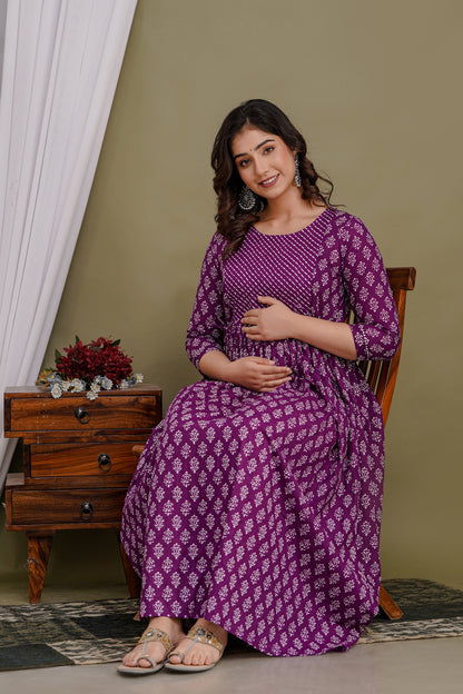 WOMOON Purple printed Maternity and Feeding Gown for her