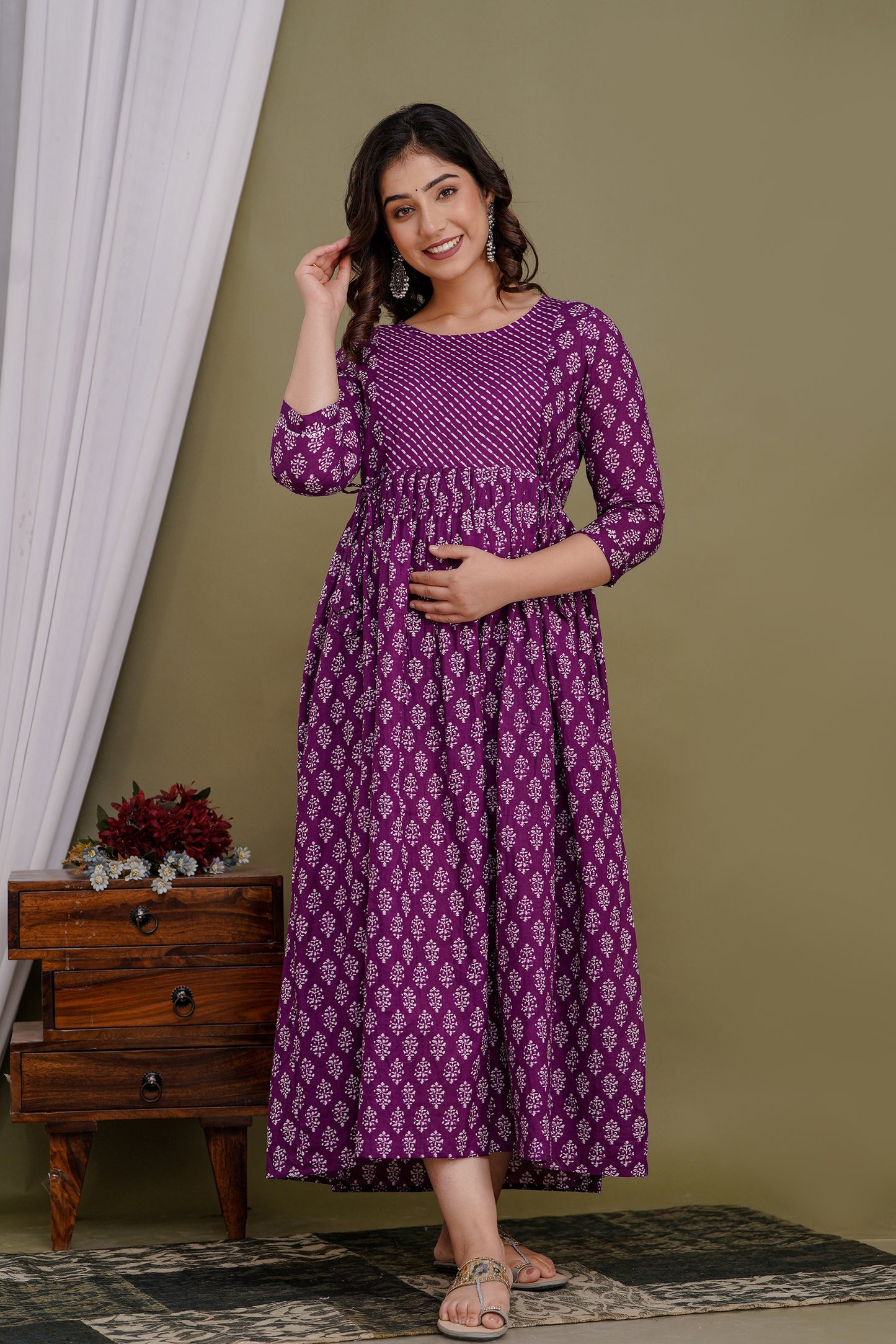 WOMOON Purple printed Maternity and Feeding Gown for her