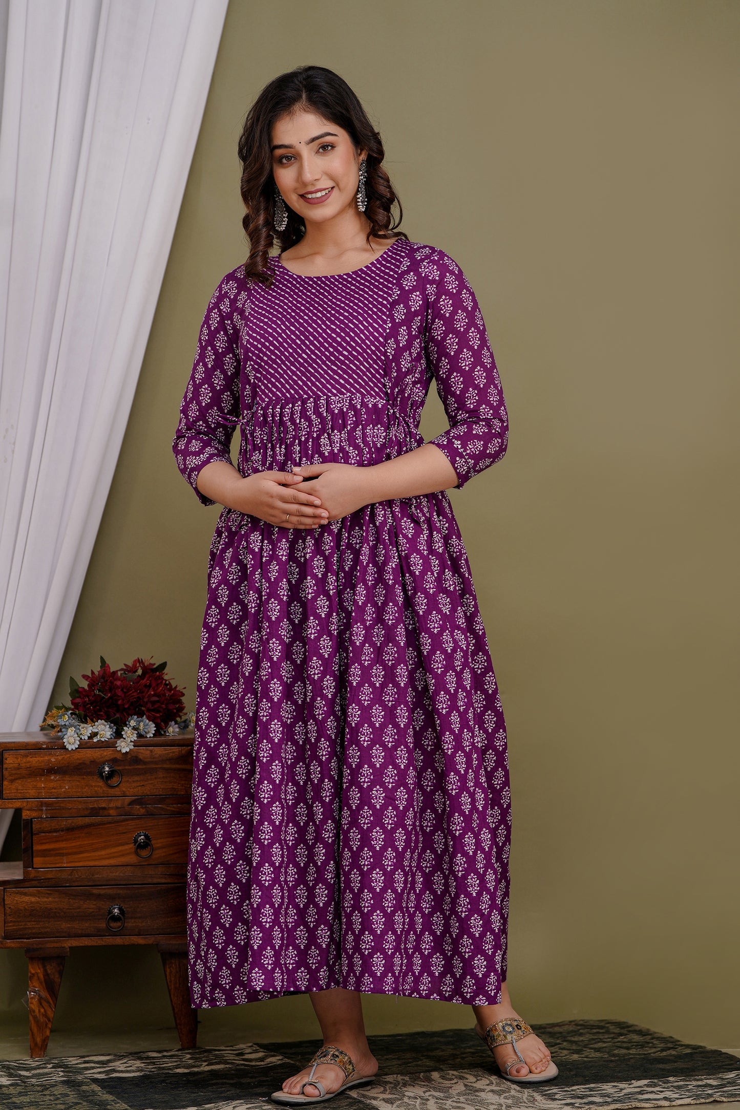 WOMOON Purple printed Maternity and Feeding Gown for her