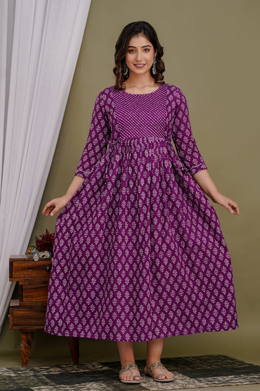 WOMOON Purple printed Maternity and Feeding Gown for her